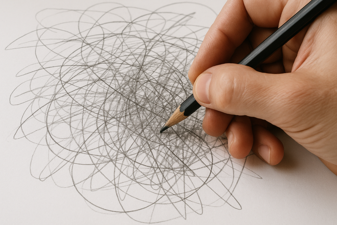 Hand scribbling abstract lines on white paper